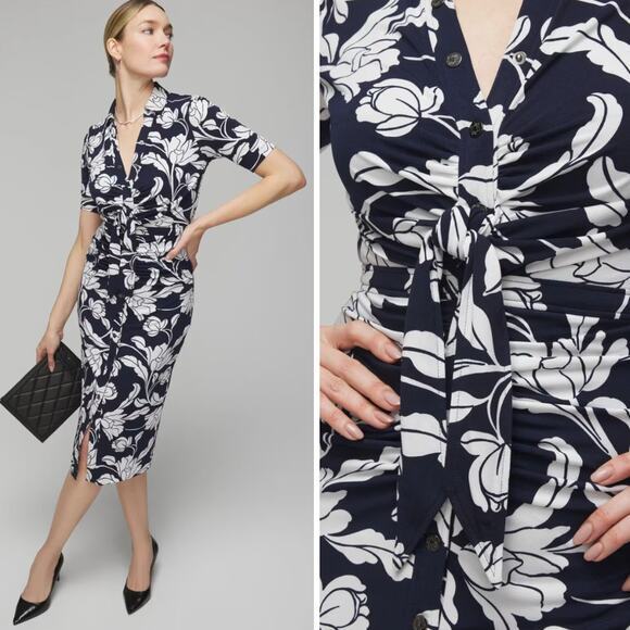 New! White House Black Market Matte Jersey Ruched Tie-Front Midi Dress, size 6 - Picture 2 of 16